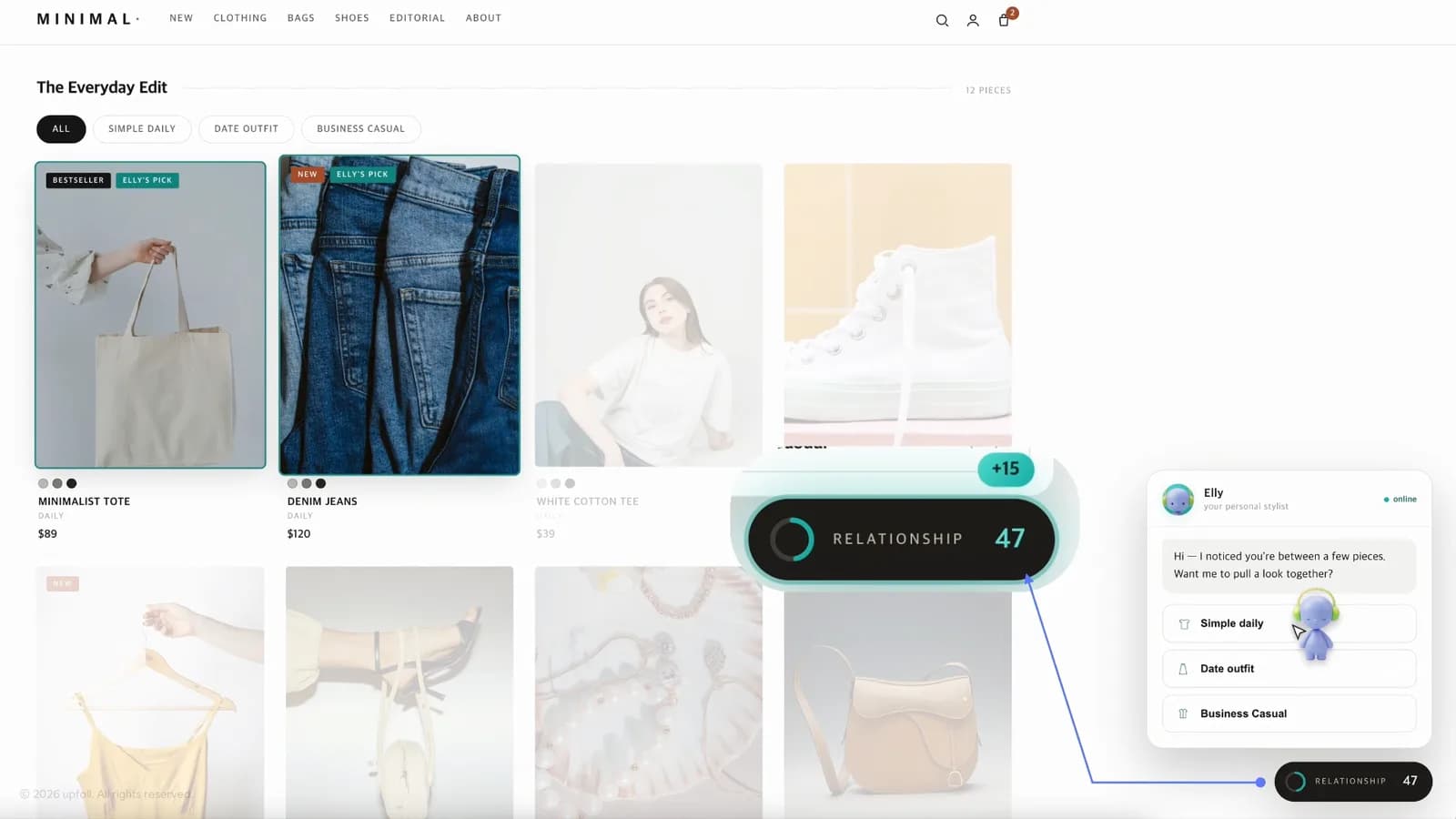 Demo store after the visitor picks a suggestion: the relationship score rises and the recommended products are highlighted